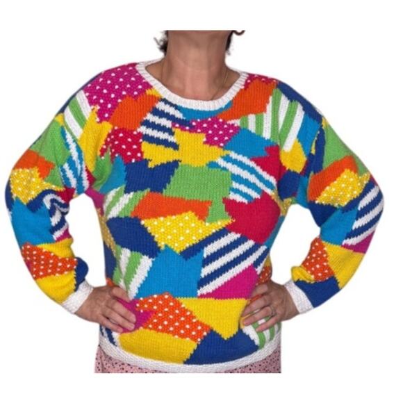 Vintage 80s Claritd Multicolor Art Colorblock Knit Sweater Size: Medium - Picture 2 of 4